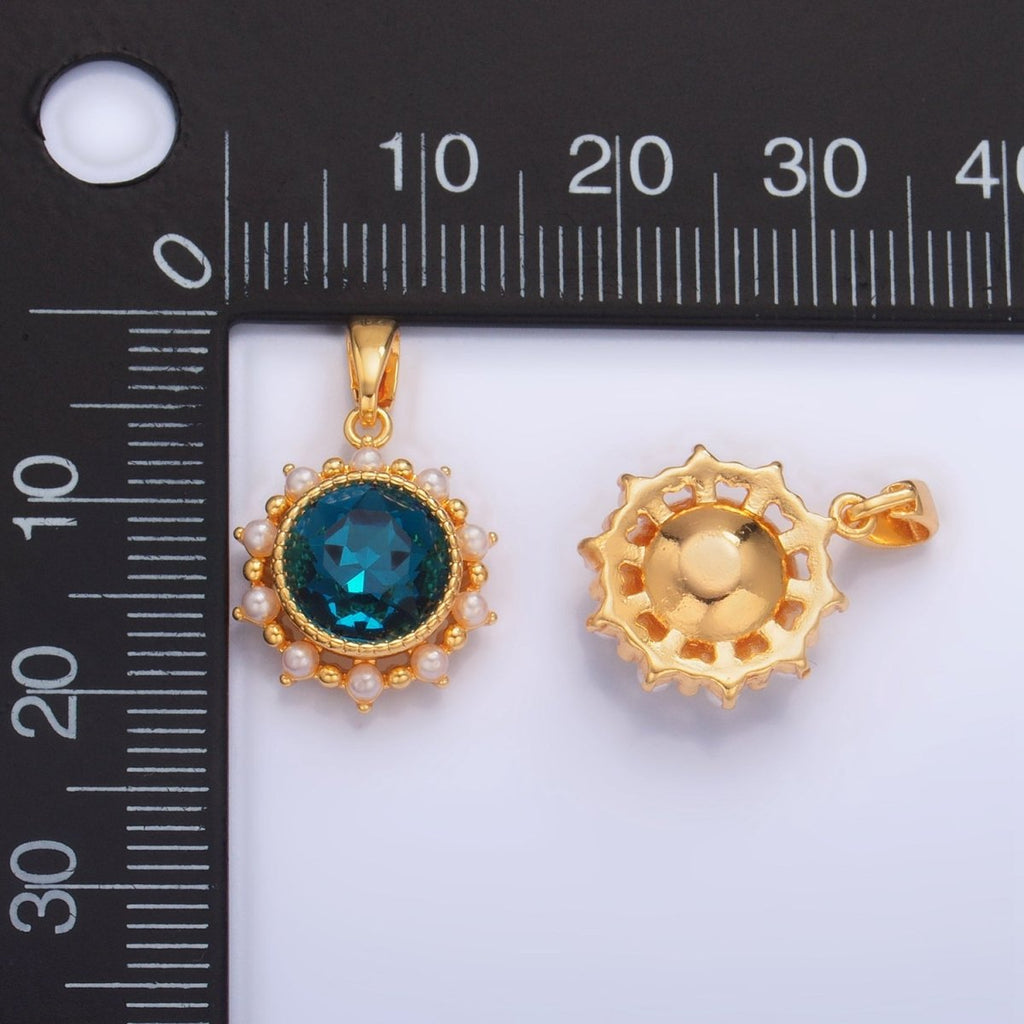24K Gold plated Blue CZ Shell Pearl Bezel Round Pendant | AA1013 - DLUXCA