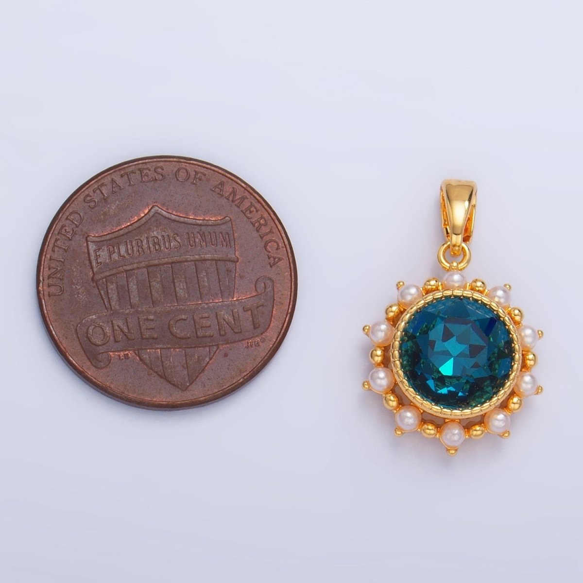 24K Gold plated Blue CZ Shell Pearl Bezel Round Pendant | AA1013 - DLUXCA