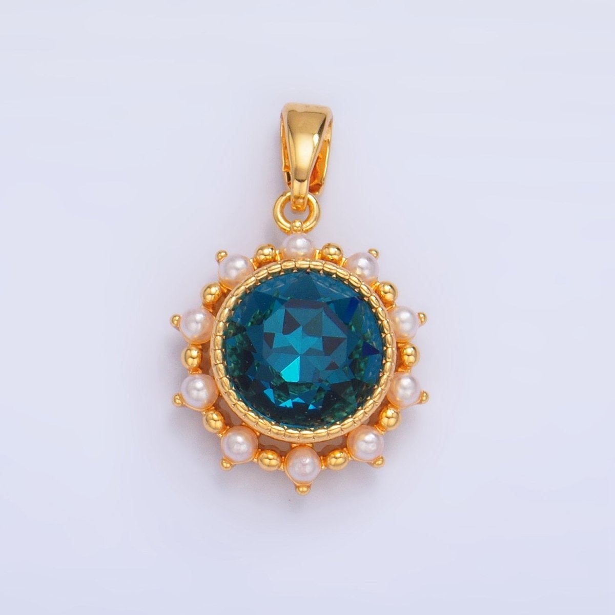 24K Gold plated Blue CZ Shell Pearl Bezel Round Pendant | AA1013 - DLUXCA