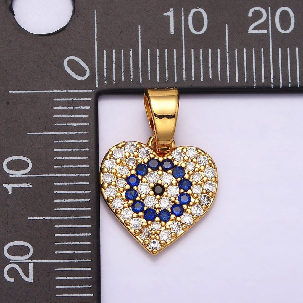 24K Gold plated Blue Evil Eye Micro Paved CZ Heart Pendant in Gold & Silver | AA453 AA454