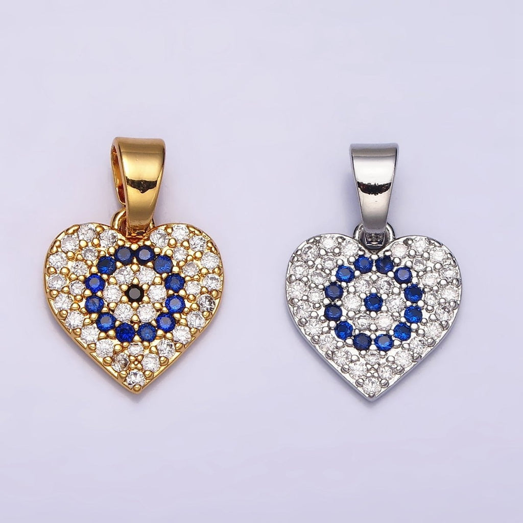 24K Gold plated Blue Evil Eye Micro Paved CZ Heart Pendant in Gold & Silver | AA453 AA454