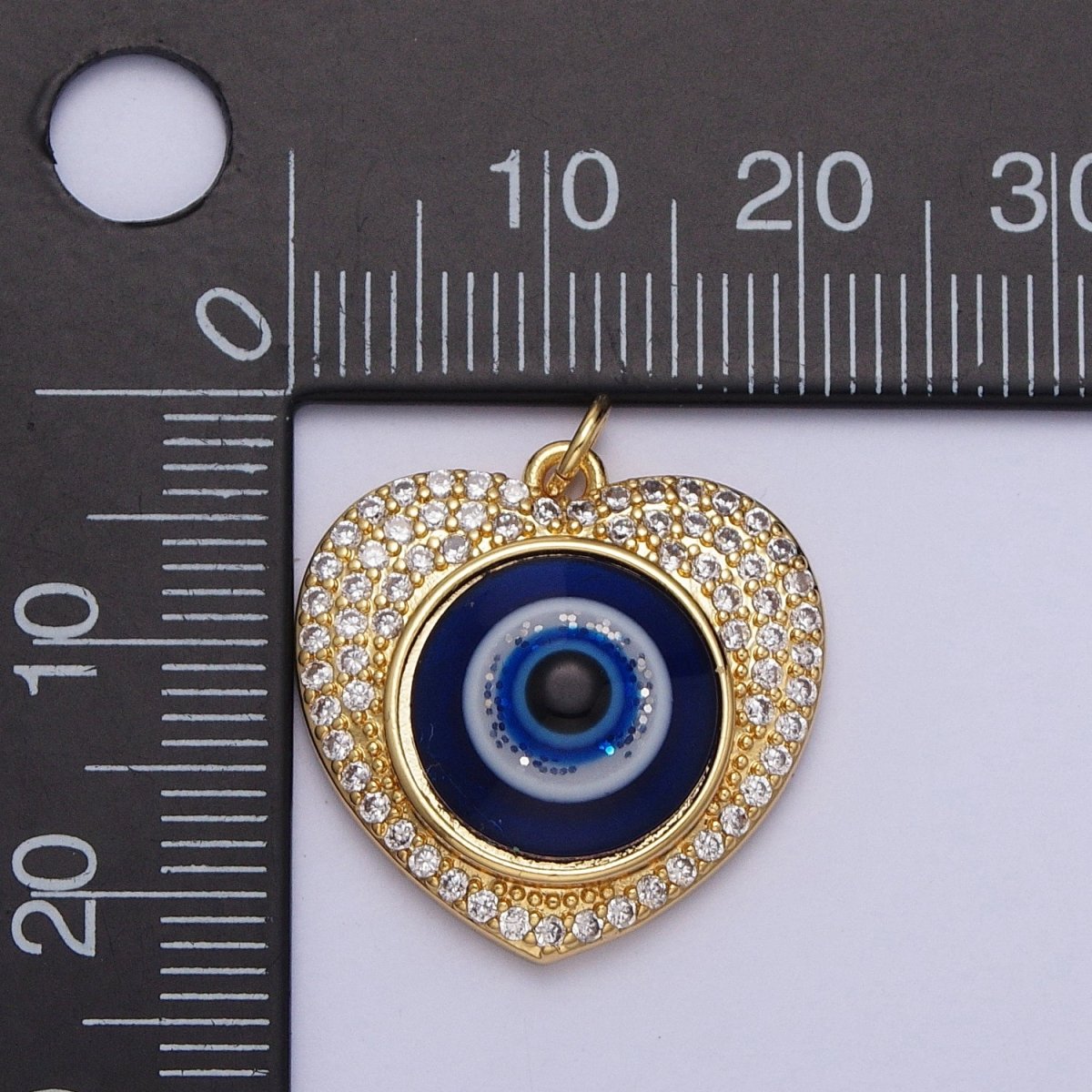24K Gold plated Blue Evil Eye Micro Paved Heart Charm | C-896 - DLUXCA
