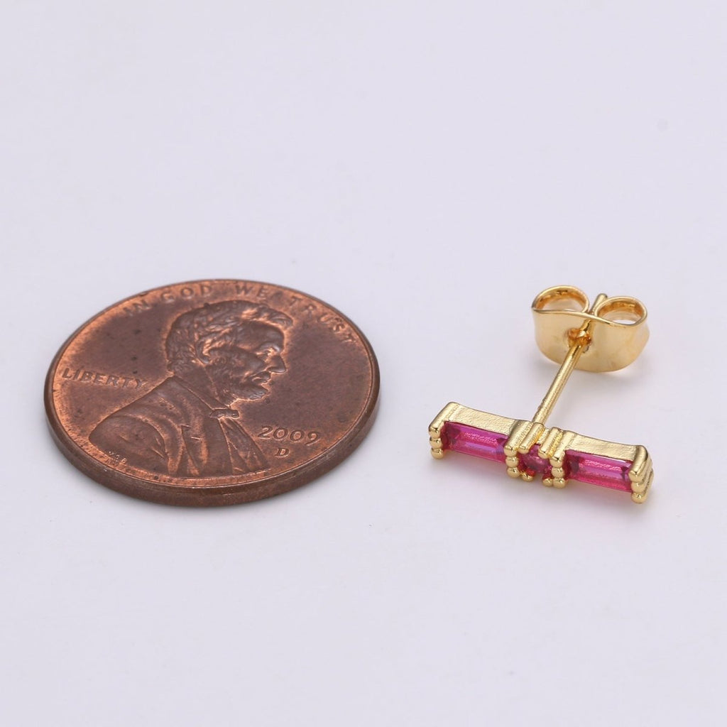 24K Gold plated Blue / Fuchsia Baguette CZ Stud Earrings | Q-498 Q-499 - DLUXCA