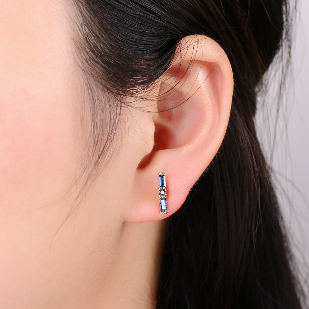 24K Gold plated Blue / Fuchsia Baguette CZ Stud Earrings | Q-498 Q-499 - DLUXCA