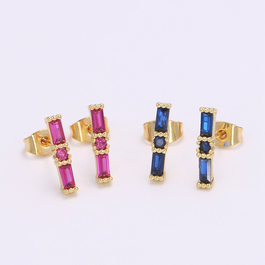 24K Gold plated Blue / Fuchsia Baguette CZ Stud Earrings | Q-498 Q-499 - DLUXCA
