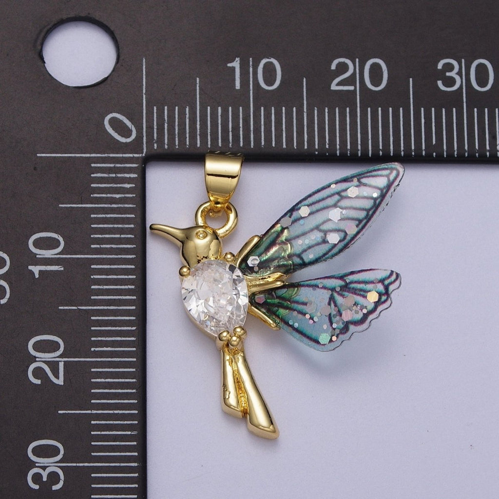 24K Gold plated Blue, Fuchsia Hummingbird Fairy Wings Teardrop CZ Pendant I-094 I-152 - DLUXCA