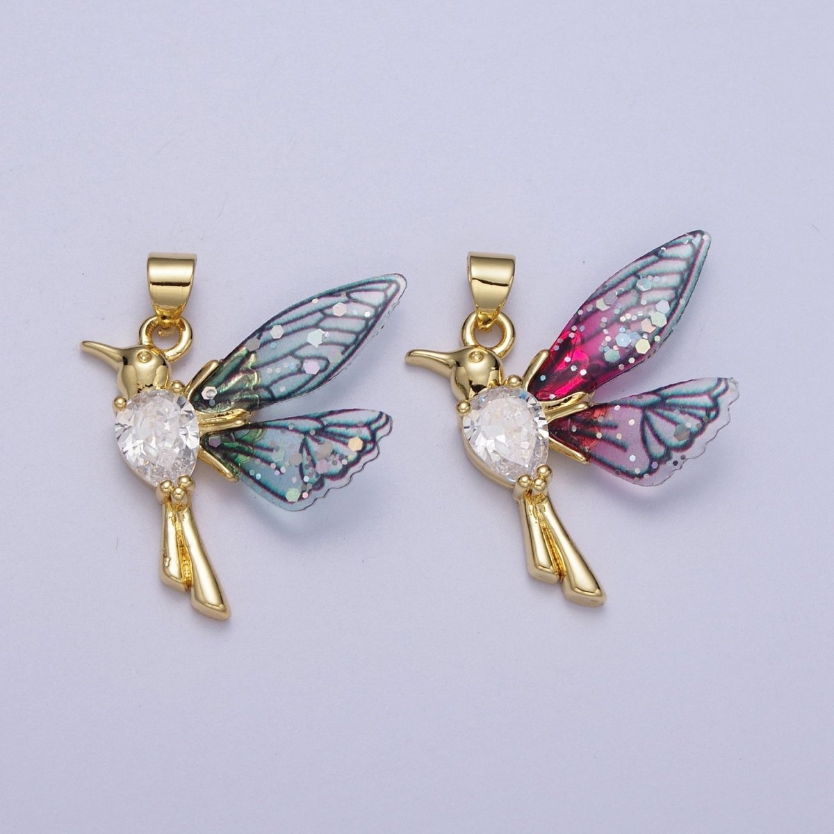 24K Gold plated Blue, Fuchsia Hummingbird Fairy Wings Teardrop CZ Pendant I-094 I-152 - DLUXCA