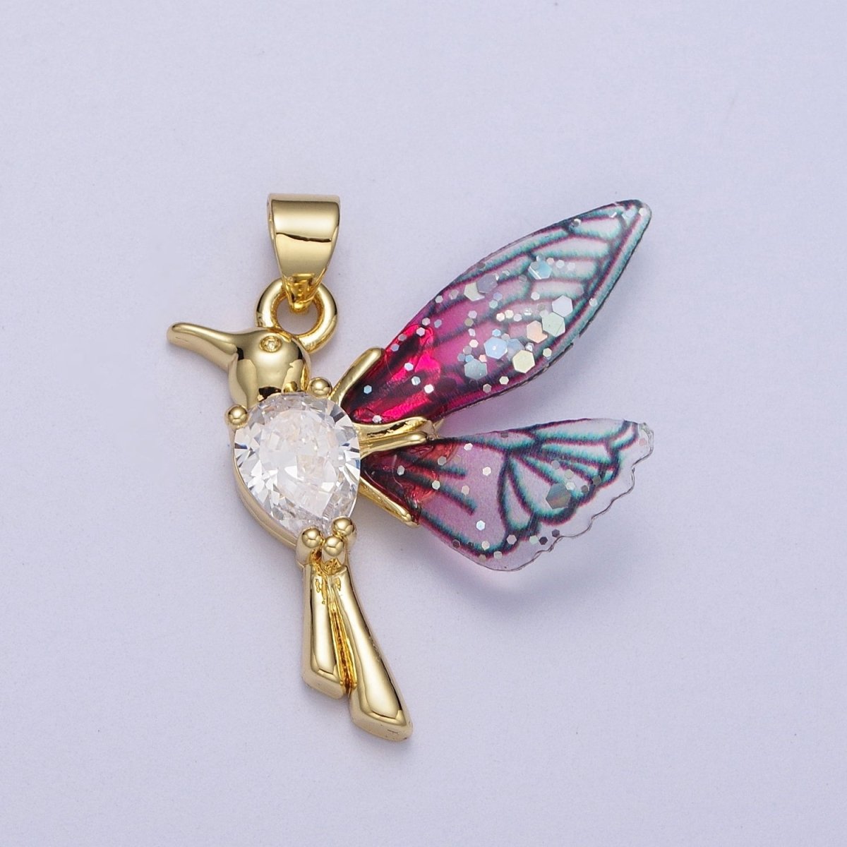 24K Gold plated Blue, Fuchsia Hummingbird Fairy Wings Teardrop CZ Pendant I-094 I-152 - DLUXCA