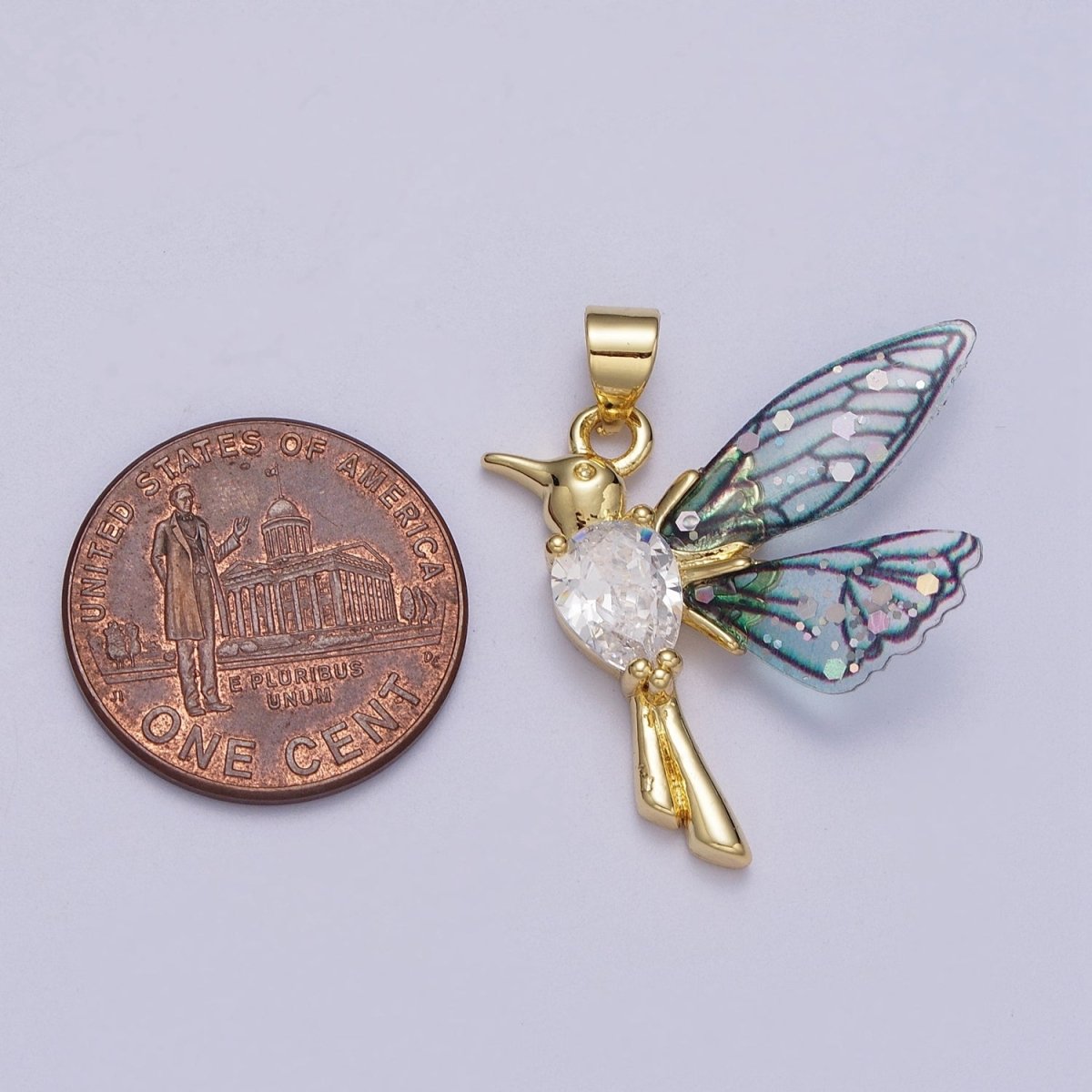 24K Gold plated Blue, Fuchsia Hummingbird Fairy Wings Teardrop CZ Pendant I-094 I-152 - DLUXCA