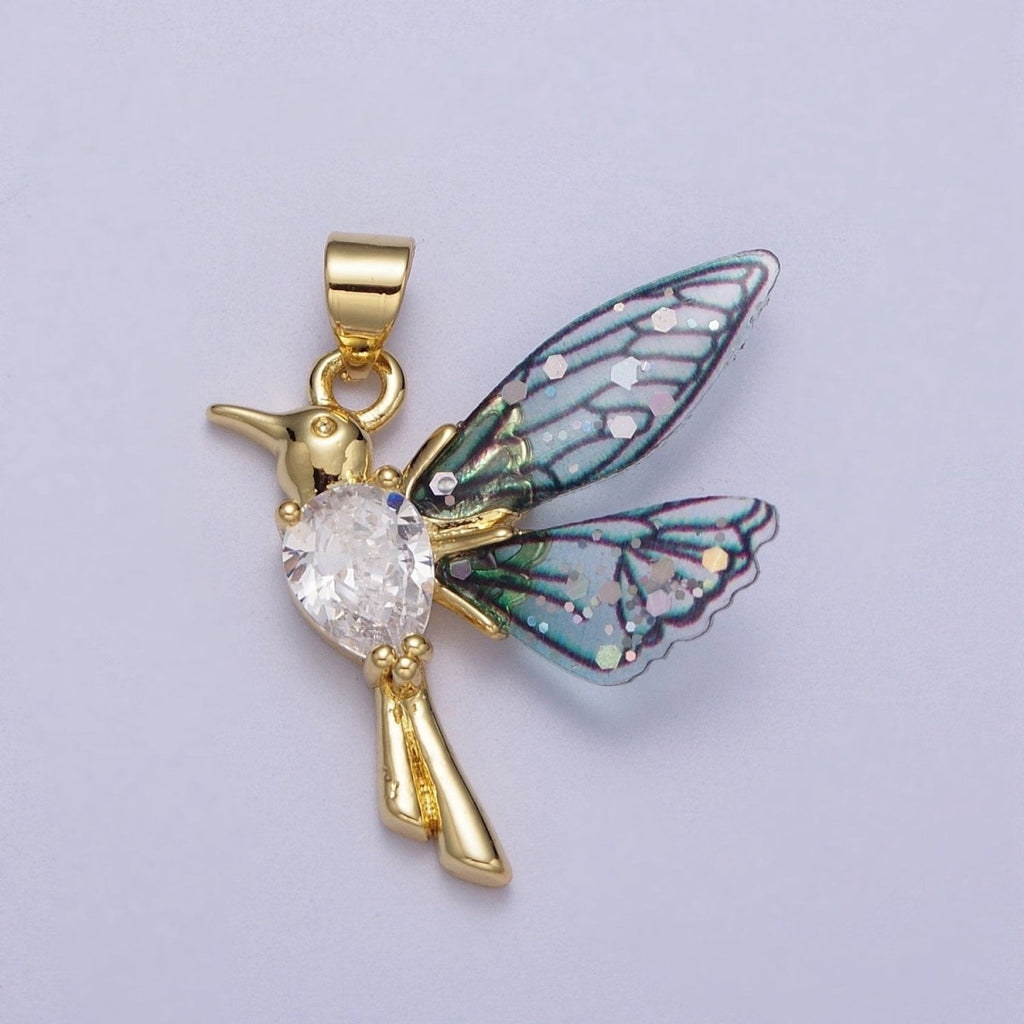 24K Gold plated Blue, Fuchsia Hummingbird Fairy Wings Teardrop CZ Pendant I-094 I-152 - DLUXCA