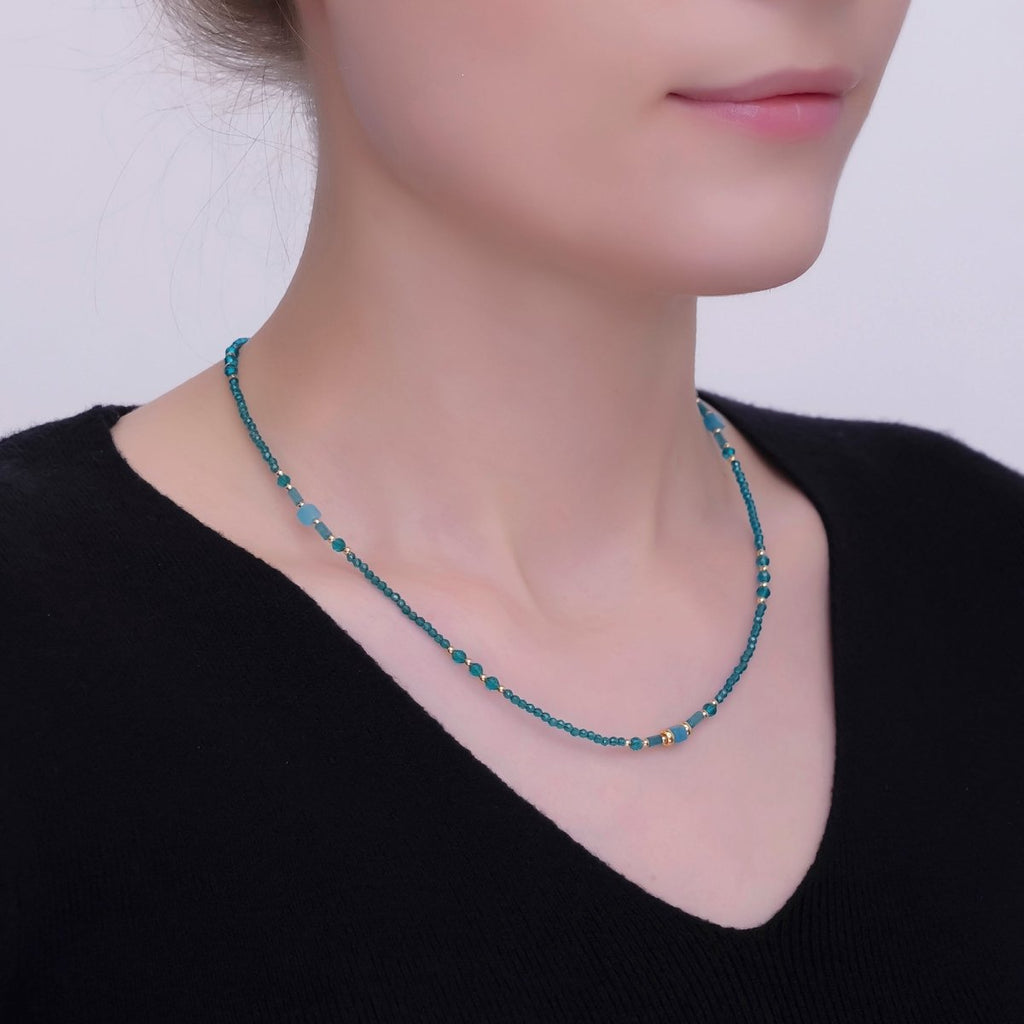 24K Gold plated Blue Gemstone Bead 17 Inch Necklace | WA - 2960 