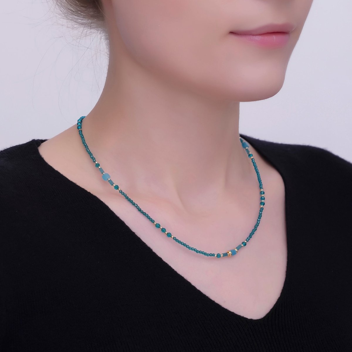 24K Gold plated Blue Gemstone Bead 17 Inch Necklace | WA - 2960 