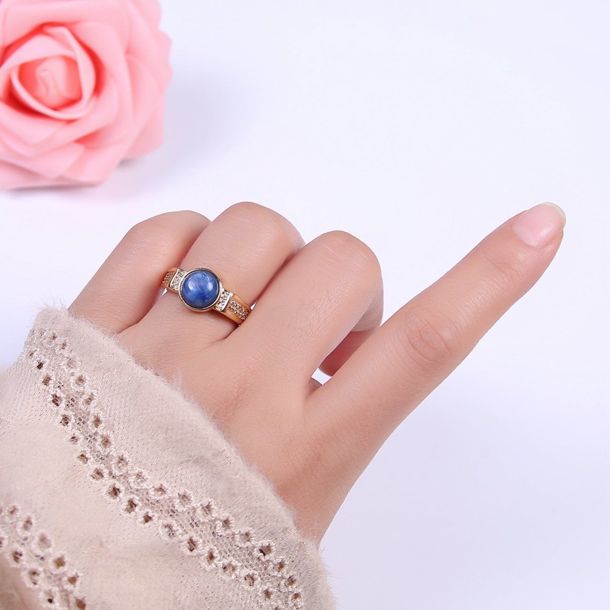 24K Gold plated Blue Kyanite Gemstone Micro Paved CZ Signet Ring | U372 - DLUXCA