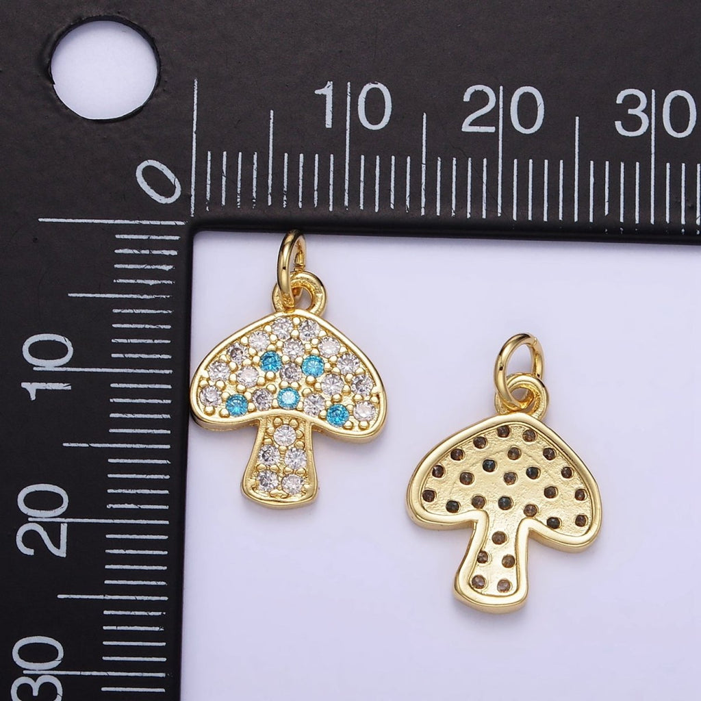 24K Gold plated Blue Micro Paved CZ Mushroom Charm | E357 - DLUXCA