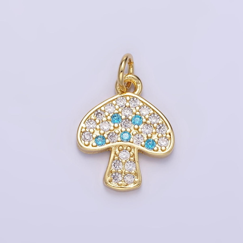 24K Gold plated Blue Micro Paved CZ Mushroom Charm | E357 - DLUXCA