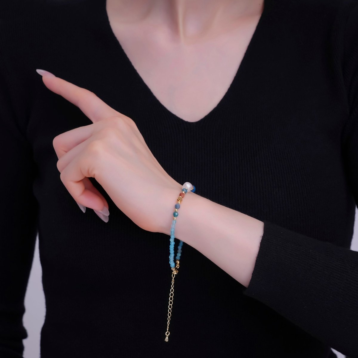 24K Gold plated Blue Multicolor Gemstone 9.25 Inch Bracelet | WA - 2887 