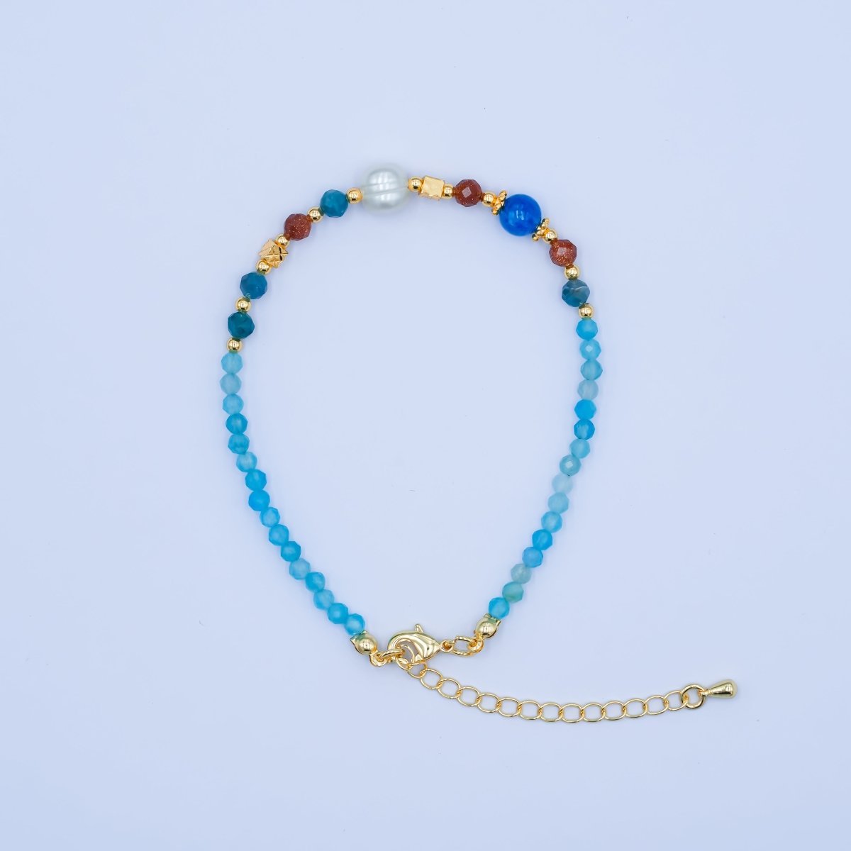 24K Gold plated Blue Multicolor Gemstone 9.25 Inch Bracelet | WA - 2887 