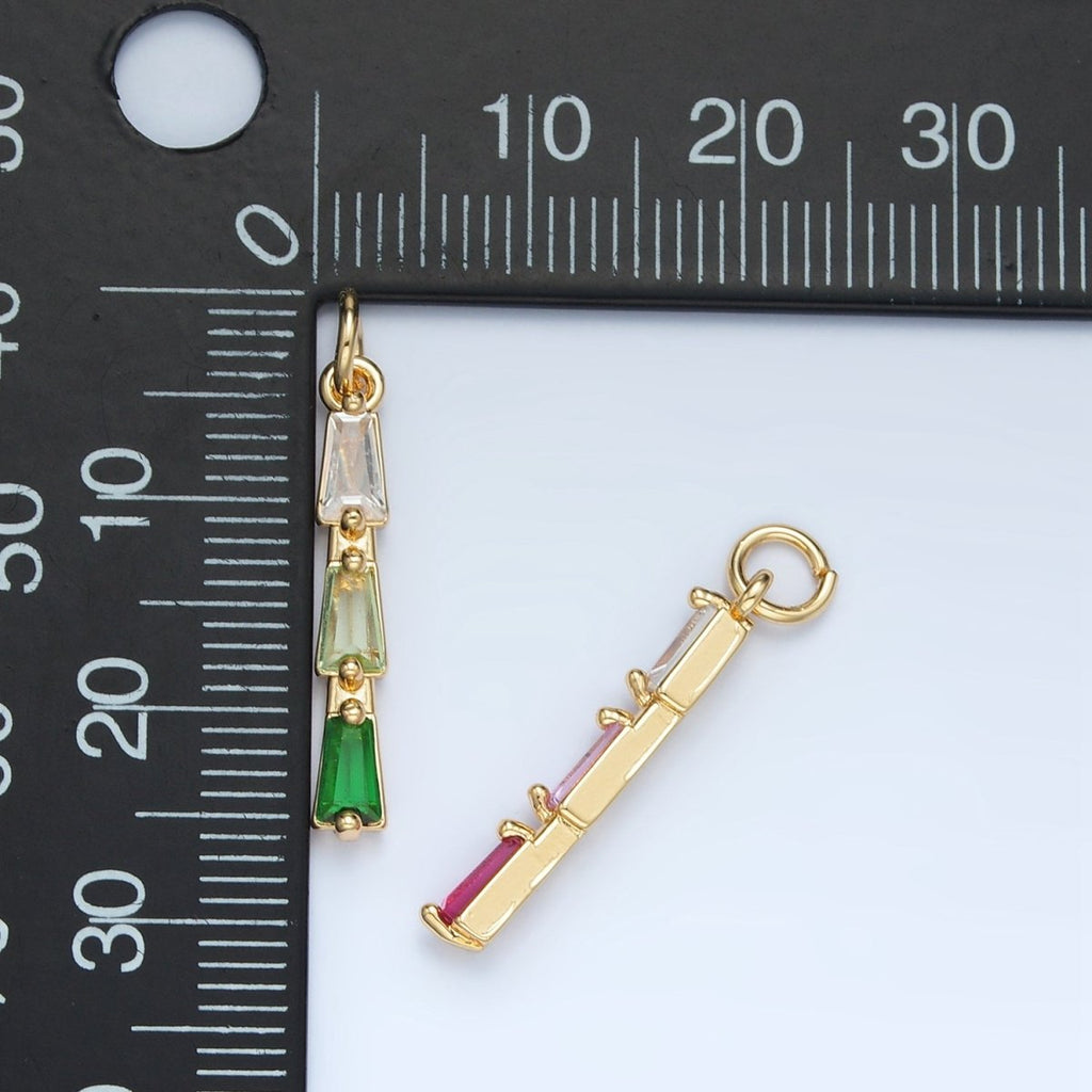 24K Gold plated Blue, Pink, Purple, Green Gradient Baguette CZ Linear Charm | AG900 AG901