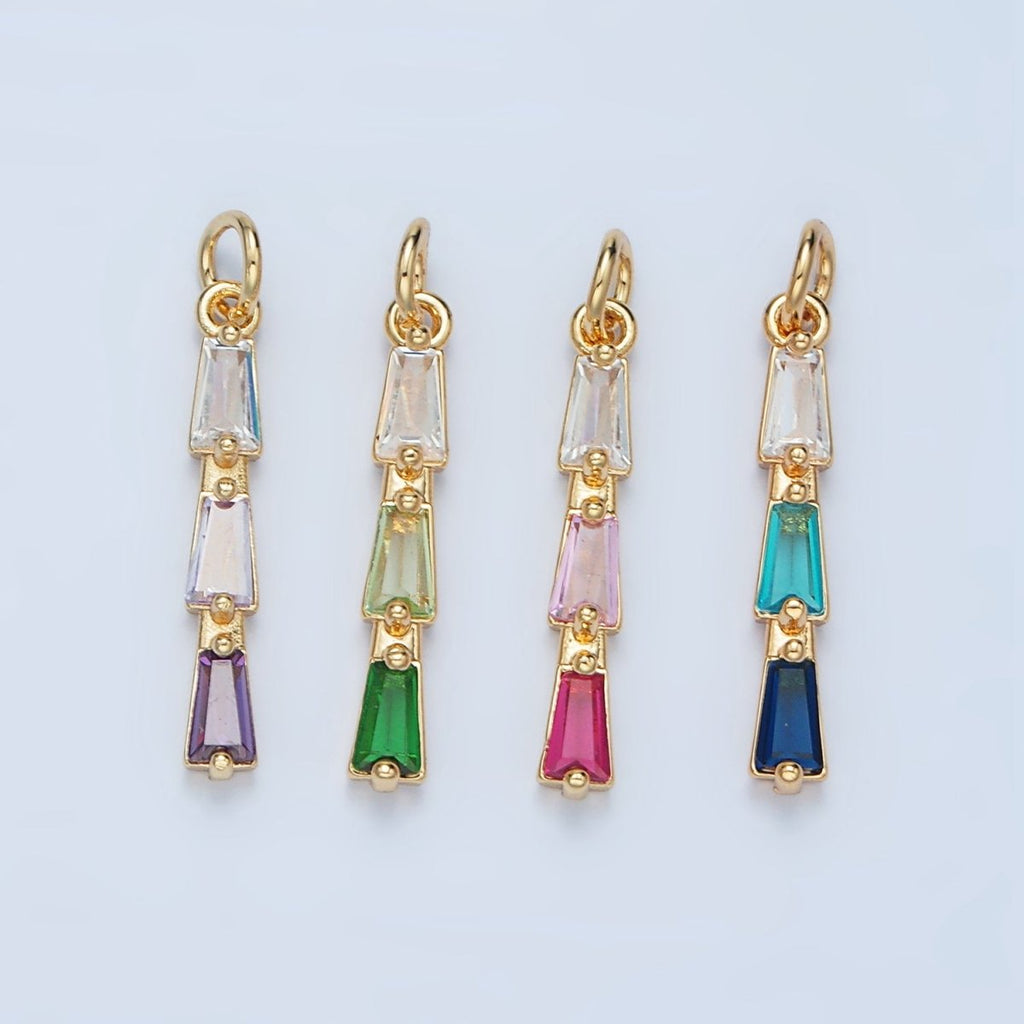 24K Gold plated Blue, Pink, Purple, Green Gradient Baguette CZ Linear Charm | AG900 AG901
