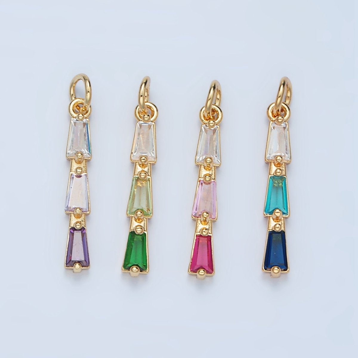24K Gold plated Blue, Pink, Purple, Green Gradient Baguette CZ Linear Charm | AG900 AG901