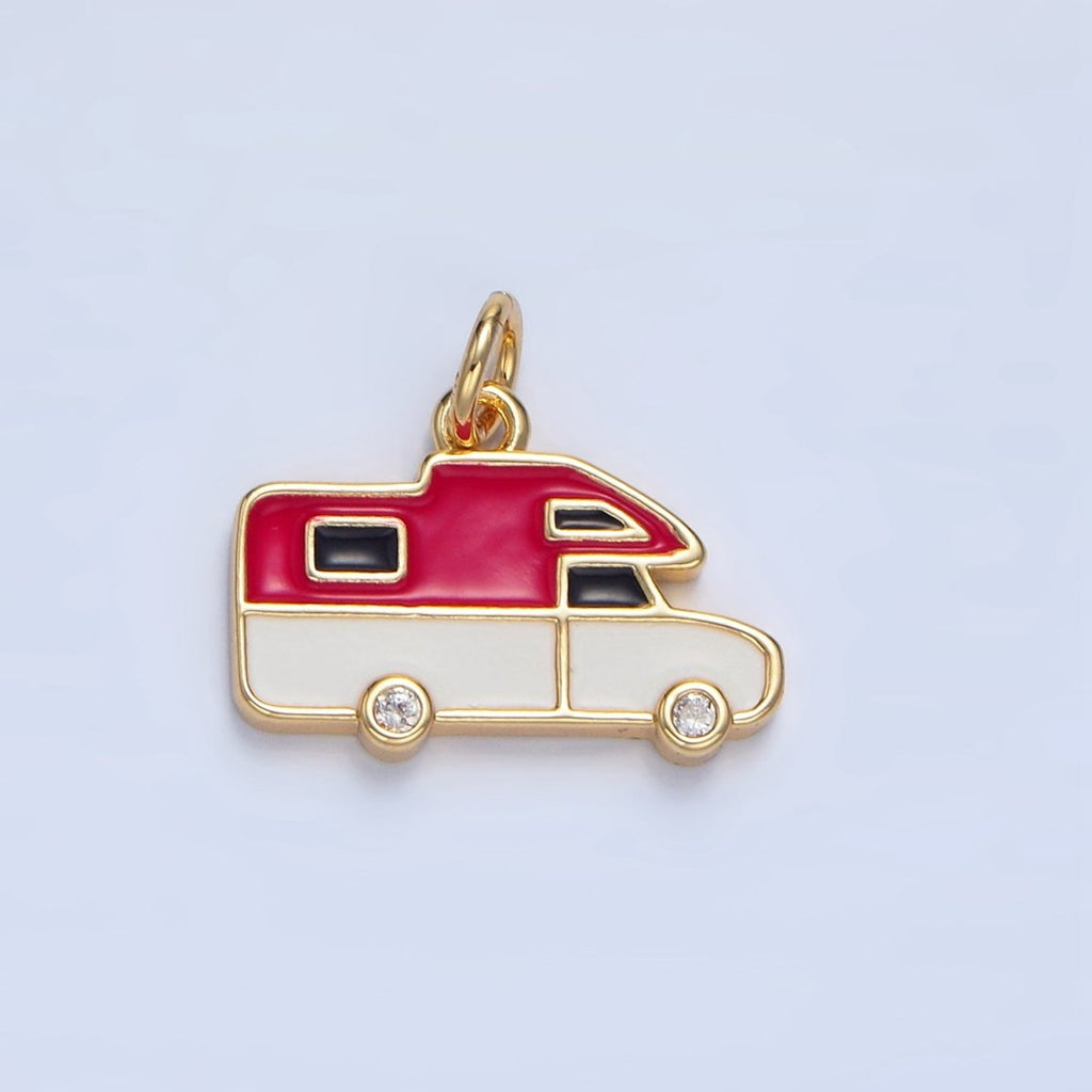 24K Gold plated Blue, Red Enamel Trailer Van Vehicle Travel Charm | X620