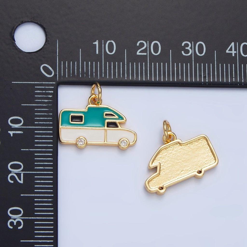 24K Gold plated Blue, Red Enamel Trailer Van Vehicle Travel Charm | X620