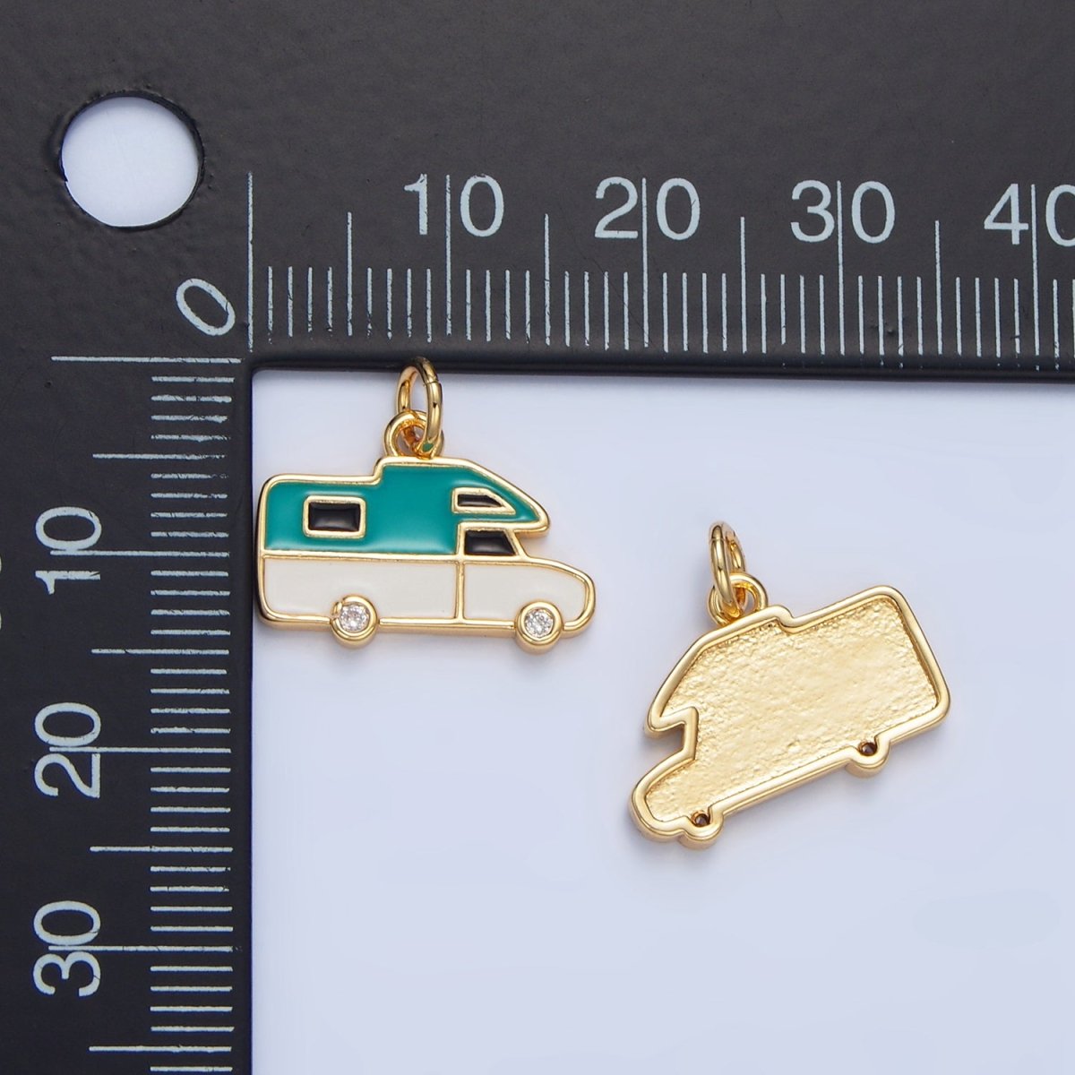 24K Gold plated Blue, Red Enamel Trailer Van Vehicle Travel Charm | X620