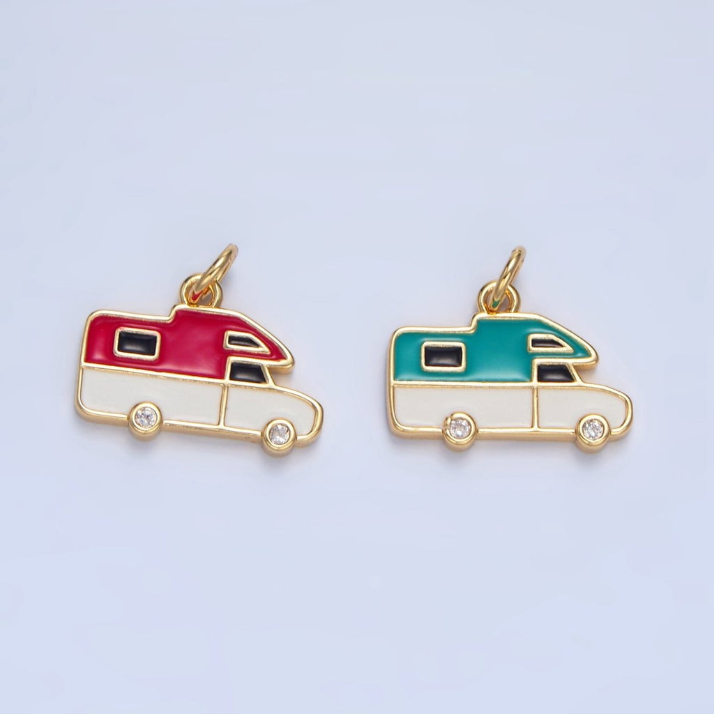 24K Gold plated Blue, Red Enamel Trailer Van Vehicle Travel Charm | X620