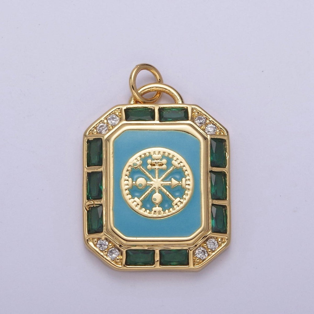 24K Gold plated Blue / Teal Enamel Tag Tile Compass Baguette Octagonal Charm E-774 N-746 - DLUXCA