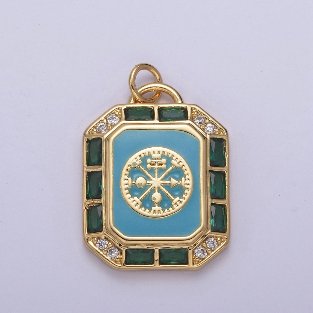 24K Gold plated Blue / Teal Enamel Tag Tile Compass Baguette Octagonal Charm E-774 N-746 - DLUXCA