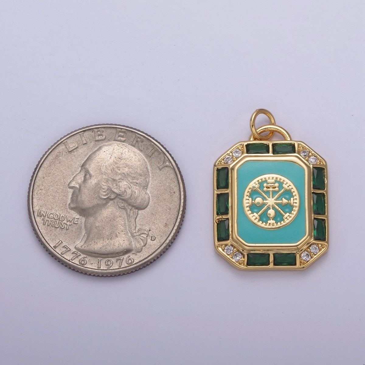 24K Gold plated Blue / Teal Enamel Tag Tile Compass Baguette Octagonal Charm E-774 N-746 - DLUXCA