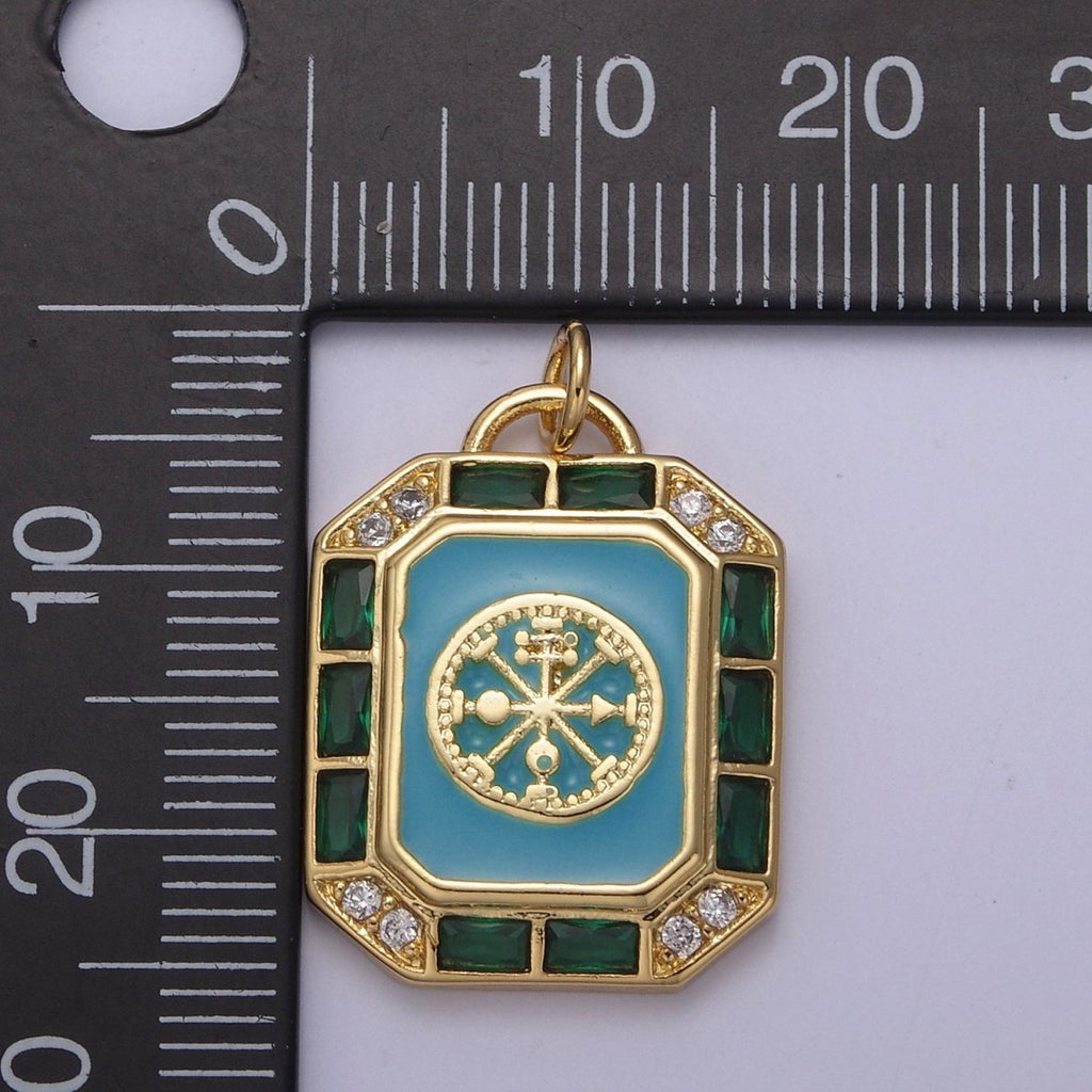 24K Gold plated Blue / Teal Enamel Tag Tile Compass Baguette Octagonal Charm E-774 N-746 - DLUXCA