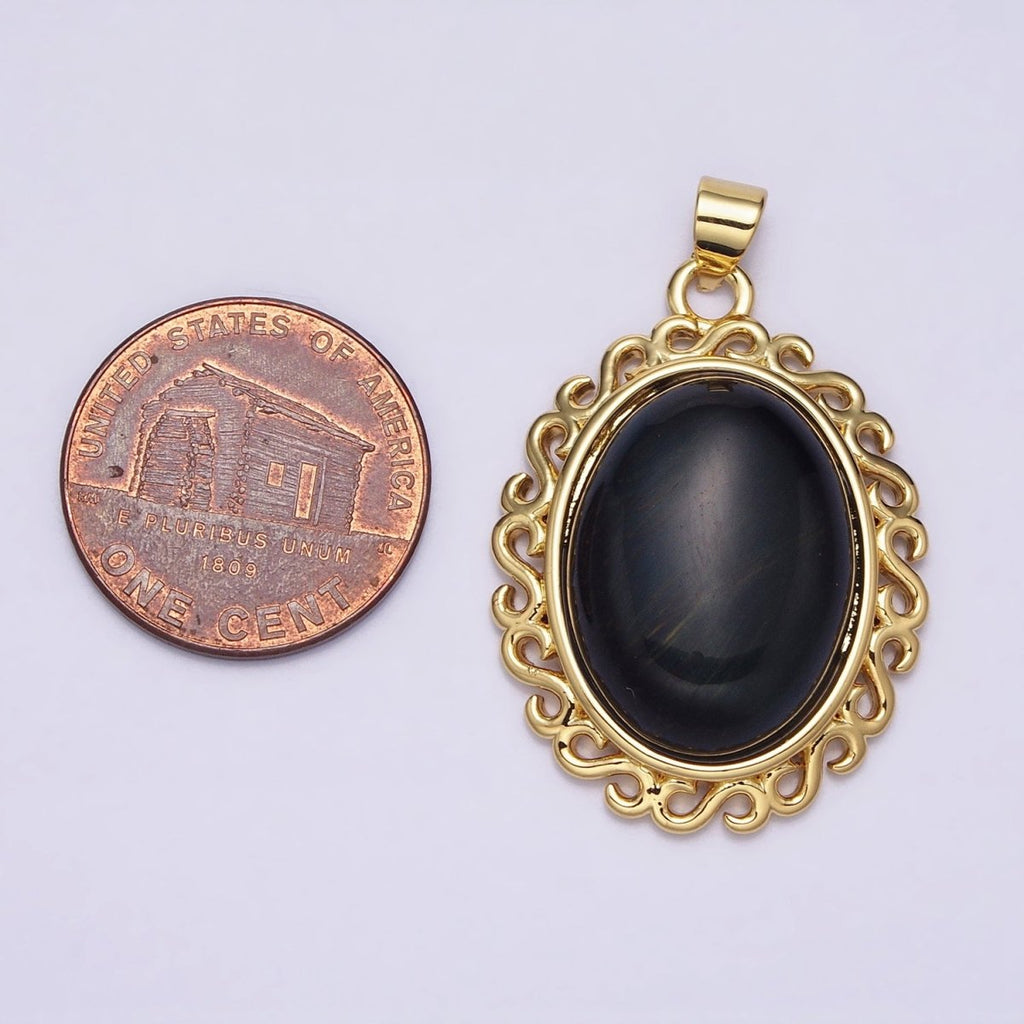 24K Gold plated Blue Tiger's Eye Dark Oval stone Pendant Statement Tiger eye Charm necklace AA289 - DLUXCA
