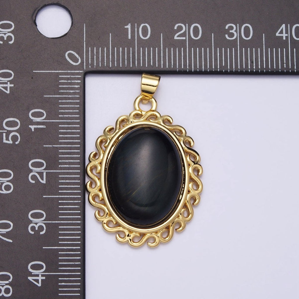 24K Gold plated Blue Tiger's Eye Dark Oval stone Pendant Statement Tiger eye Charm necklace AA289 - DLUXCA