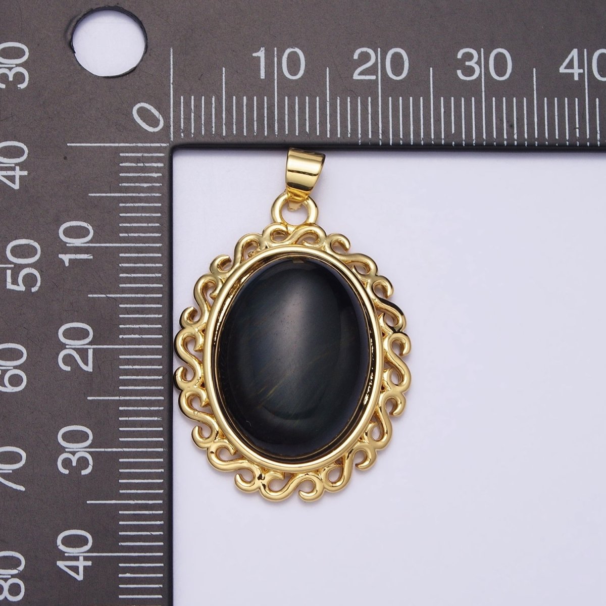 24K Gold plated Blue Tiger's Eye Dark Oval stone Pendant Statement Tiger eye Charm necklace AA289 - DLUXCA