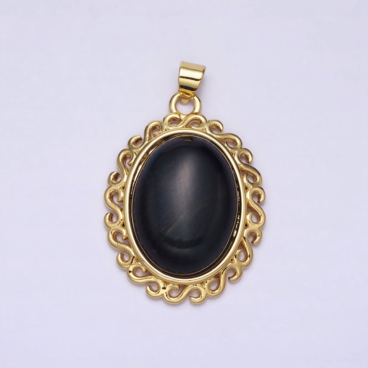 24K Gold plated Blue Tiger's Eye Dark Oval stone Pendant Statement Tiger eye Charm necklace AA289 - DLUXCA