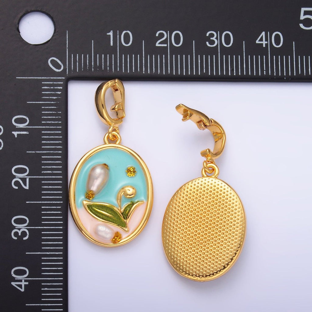 24K Gold plated Blue Tulip Flower With Pearl Snap Bail Pendant | AA1468 