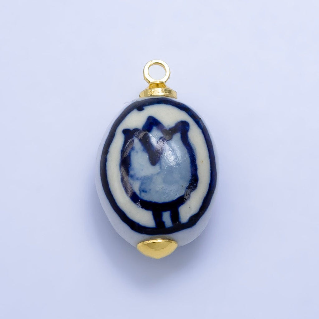 24K Gold plated Blue Tulip Flowers White Ceramic Drop Charm | W - 075 - DLUXCA