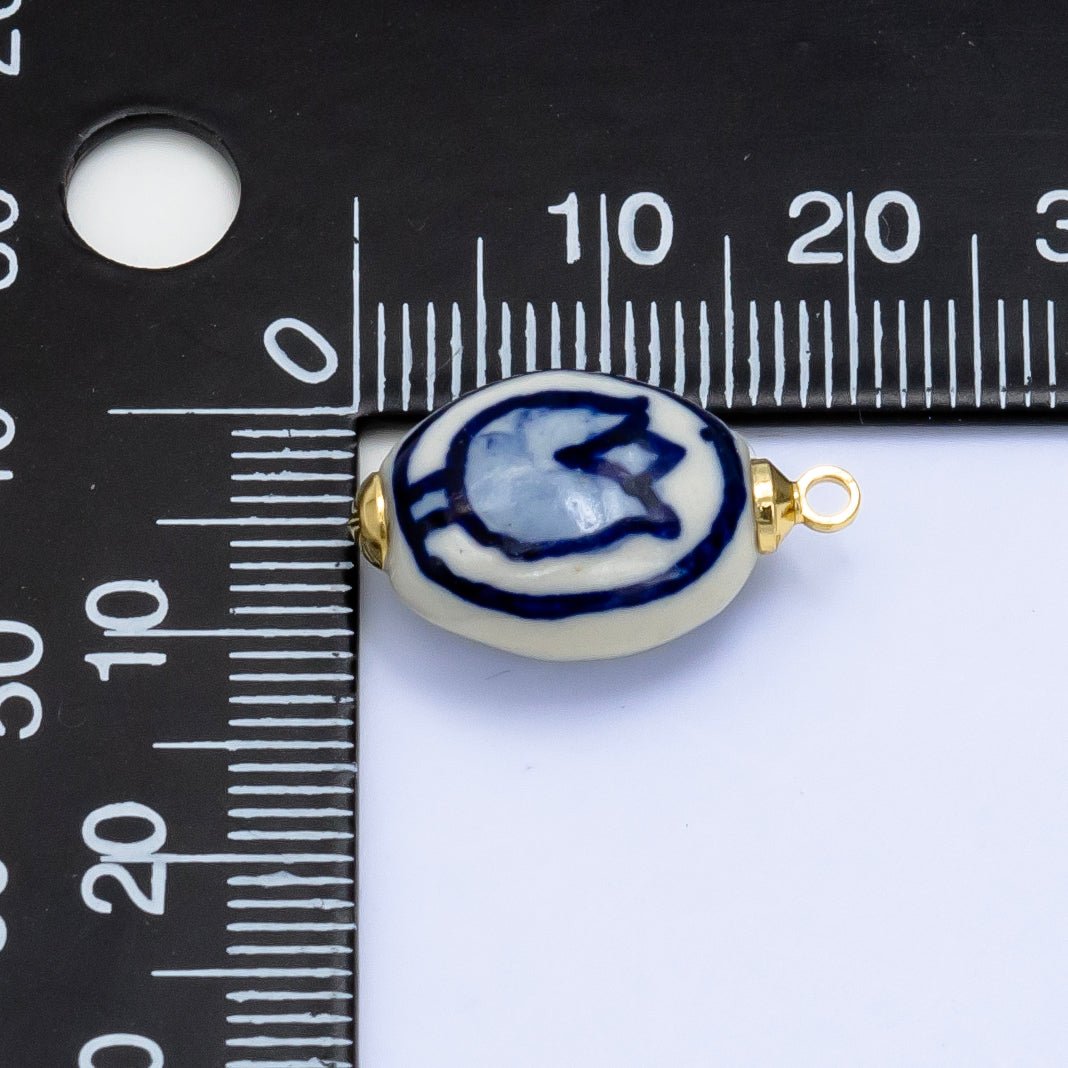 24K Gold plated Blue Tulip Flowers White Ceramic Drop Charm | W - 075 - DLUXCA