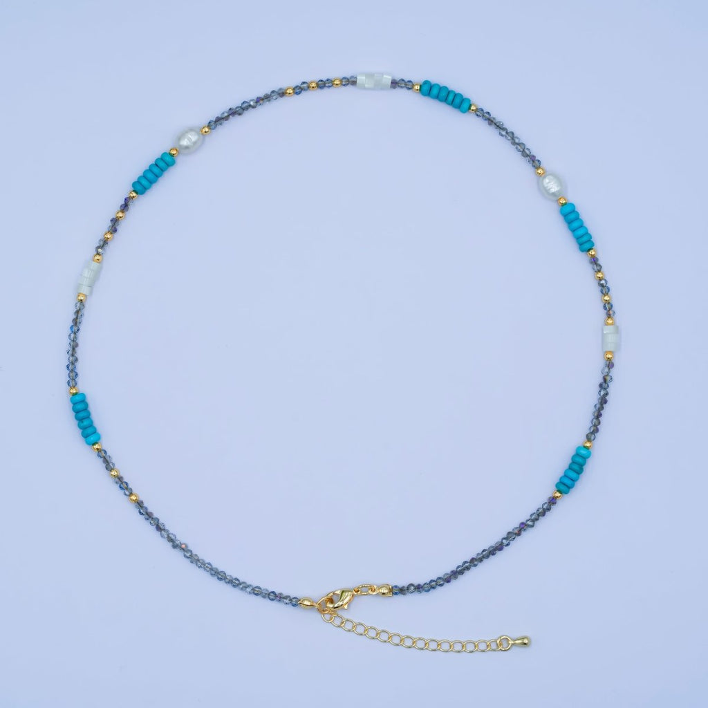 24K Gold plated Blue Turquoise Shell Pearl Gemstone Bead 17 Inch Necklace | WA - 2963 - DLUXCA