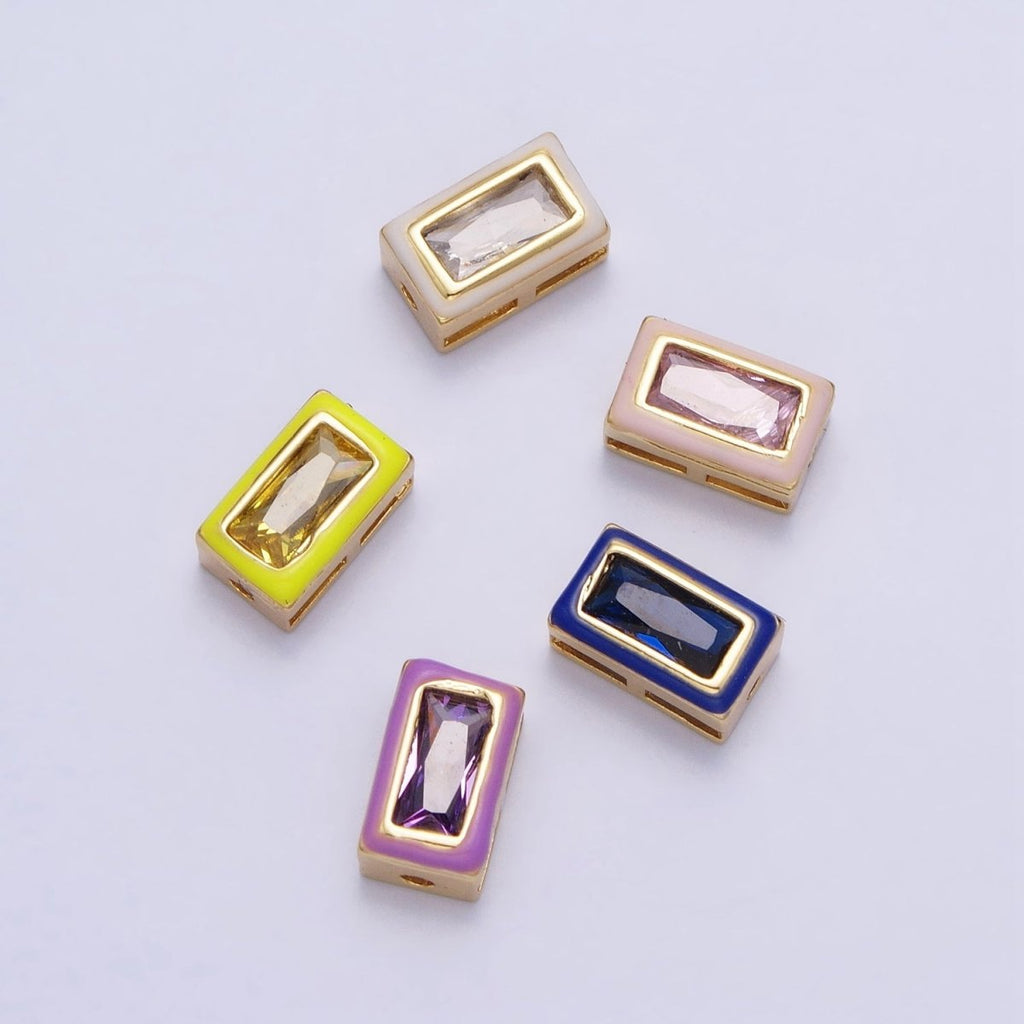 24K Gold plated Blue, Yellow, Clear White, Pink, Purple Baguette Stone Rectangle Enamel Bead | B-165 B-170 B-174 B-175 B-178 - DLUXCA
