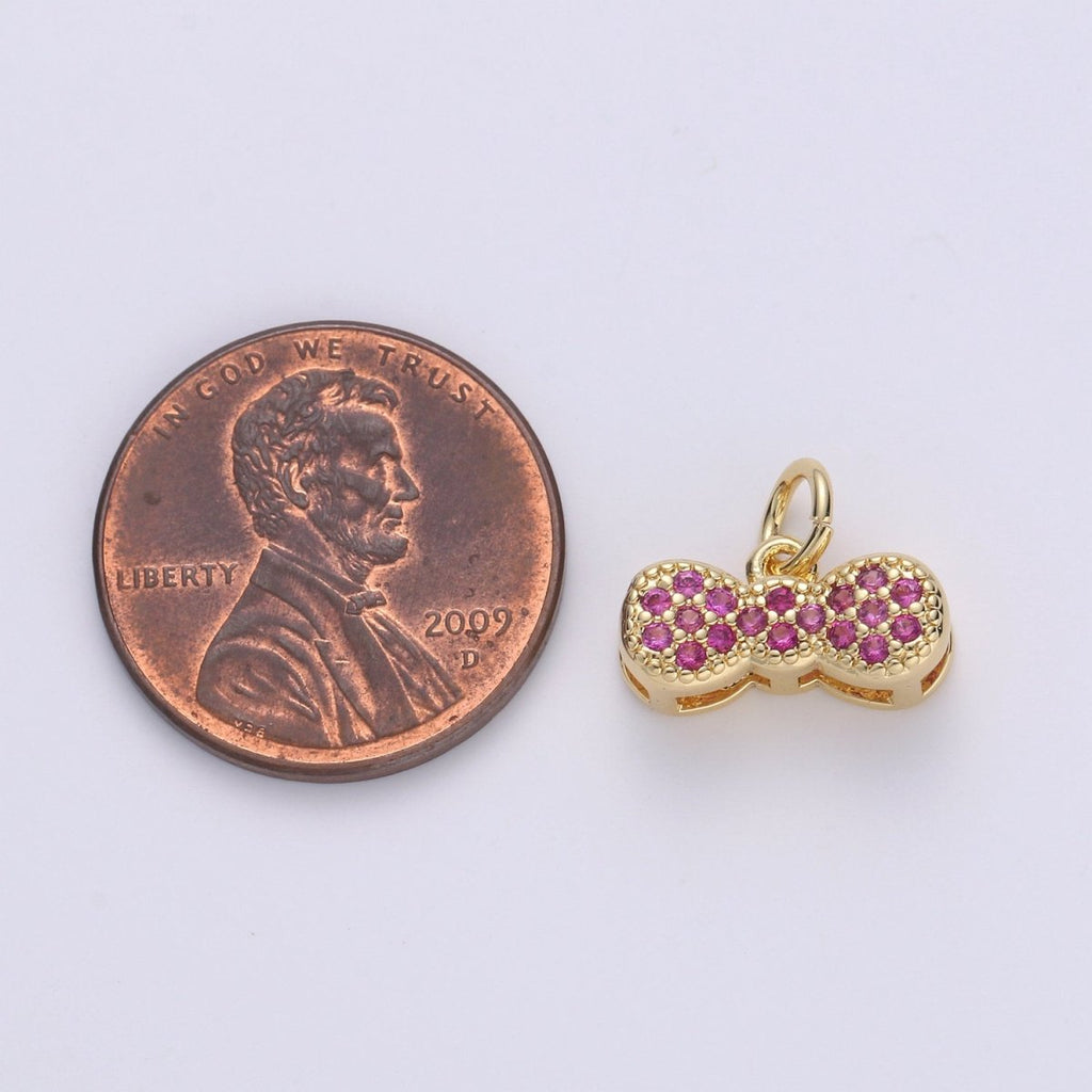 24k Gold plated Bow Charms, Cz Bracelet Charm, Fuschia Micro Pave Bow, Mini Bow Pendant,Cubic Zirconia Charm, gf Charm D-538 - DLUXCA