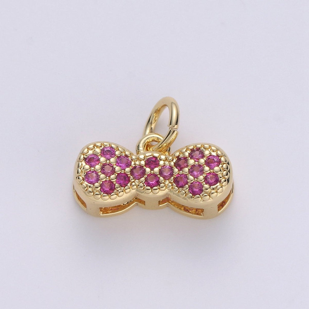 24k Gold plated Bow Charms, Cz Bracelet Charm, Fuschia Micro Pave Bow, Mini Bow Pendant,Cubic Zirconia Charm, gf Charm D-538 - DLUXCA
