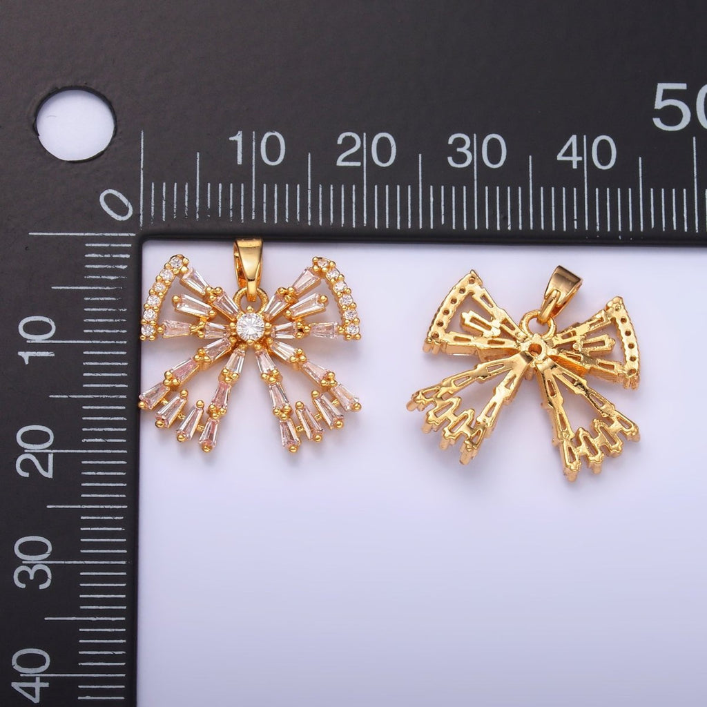 24K Gold plated Bow Ribbon Baguette Micro Paved CZ Pendant | AA1437 