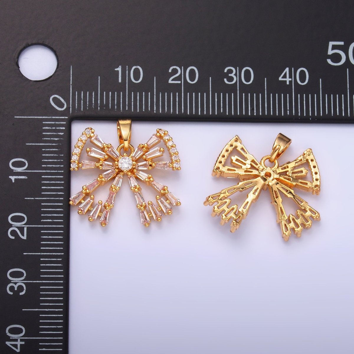 24K Gold plated Bow Ribbon Baguette Micro Paved CZ Pendant | AA1437 