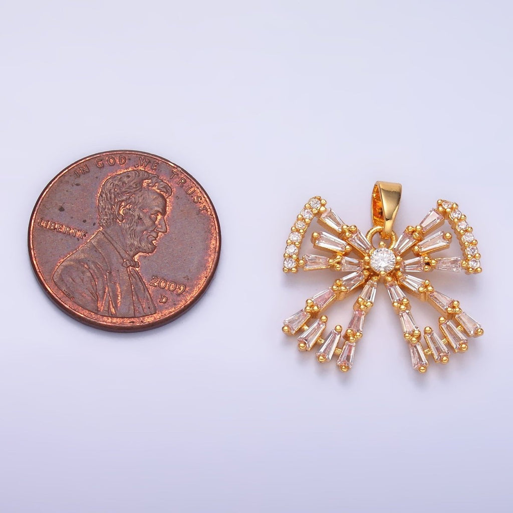 24K Gold plated Bow Ribbon Baguette Micro Paved CZ Pendant | AA1437 