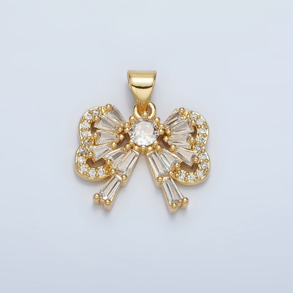 24K Gold plated Bow Ribbon Baguette Micro Paved CZ Pendant | I274 - DLUXCA
