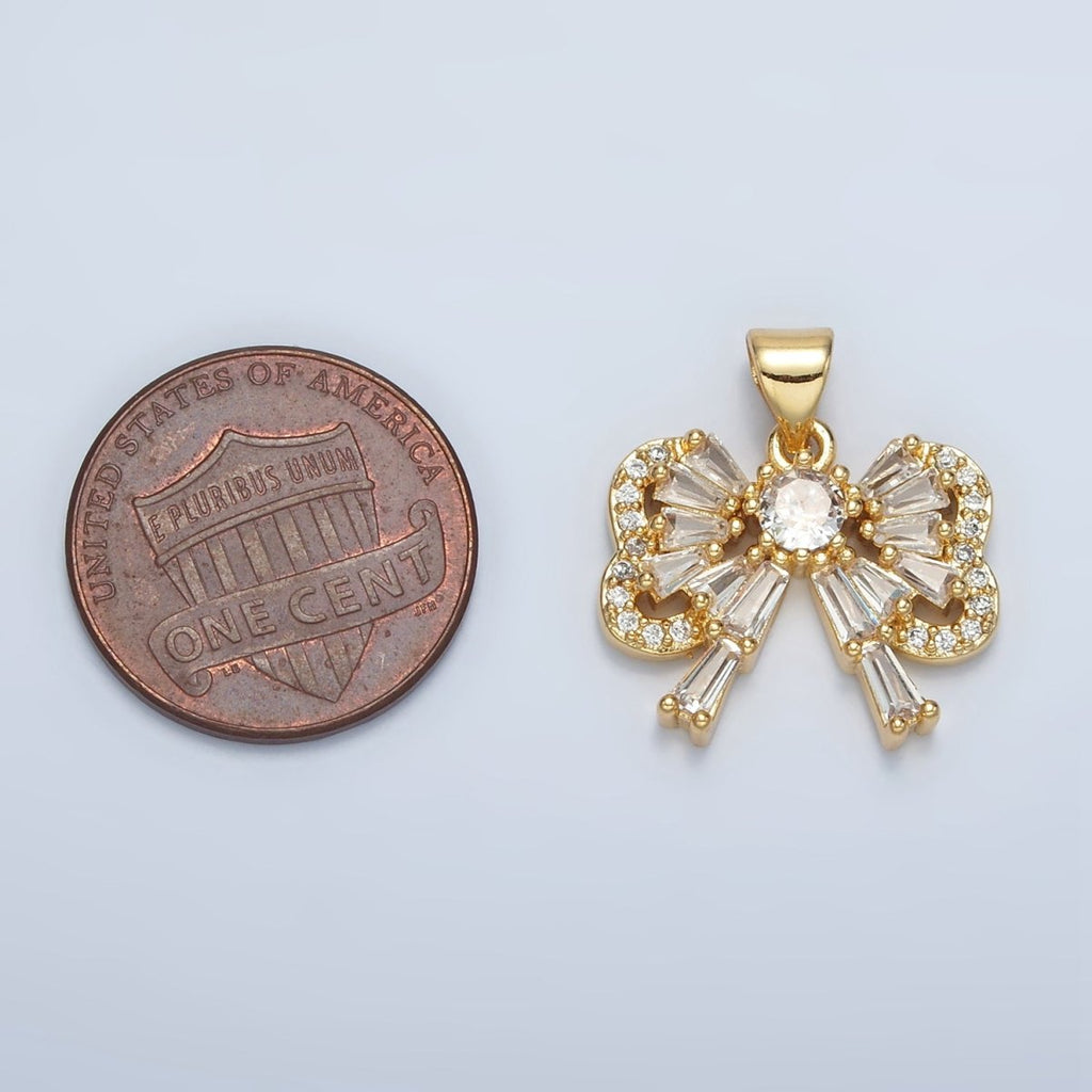 24K Gold plated Bow Ribbon Baguette Micro Paved CZ Pendant | I274 - DLUXCA