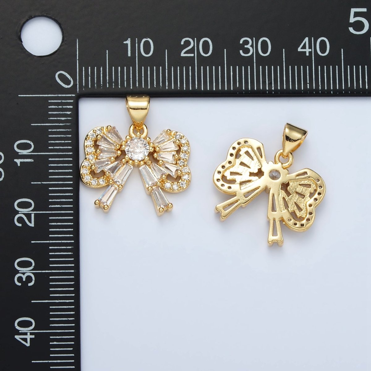 24K Gold plated Bow Ribbon Baguette Micro Paved CZ Pendant | I274 - DLUXCA
