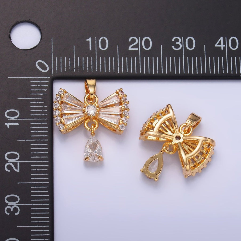 24K Gold plated Bow Ribbon Teardrop Baguette CZ Micro Paved Drop Pendant | AA1436 - DLUXCA